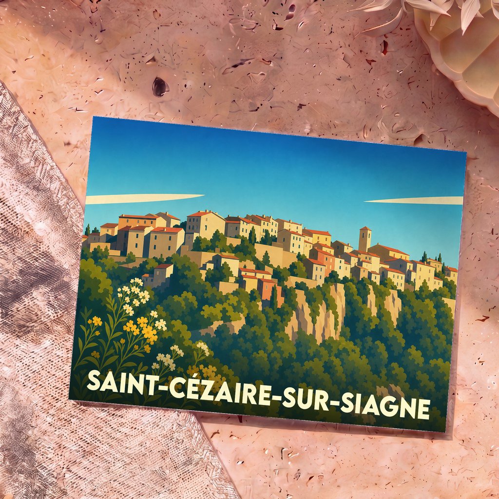 Carte postale souvenir de la ville de Saint-Cézaire-sur-Siagne avec une illustration stylisée.