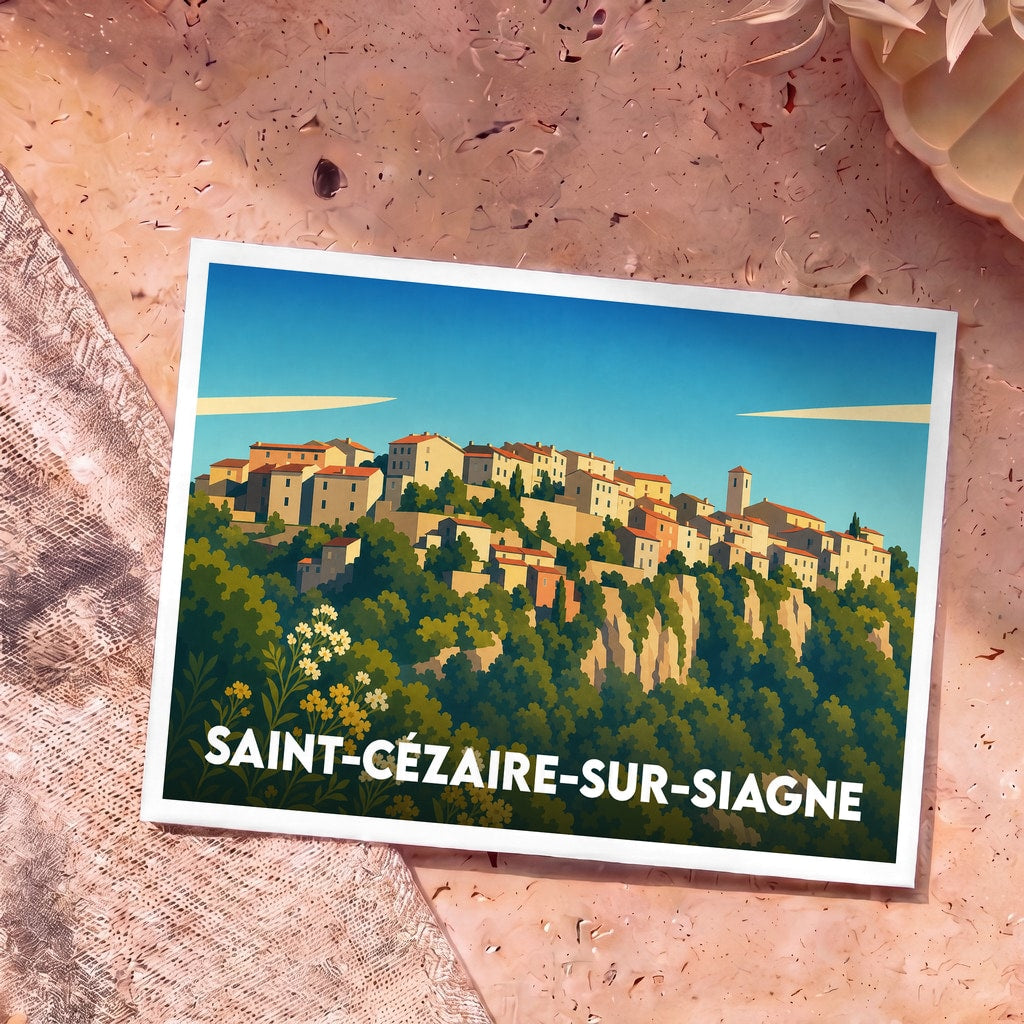 Carte postale souvenir de la ville de Saint-Cézaire-sur-Siagne arborant une illustration stylisée et colorée du village perché.