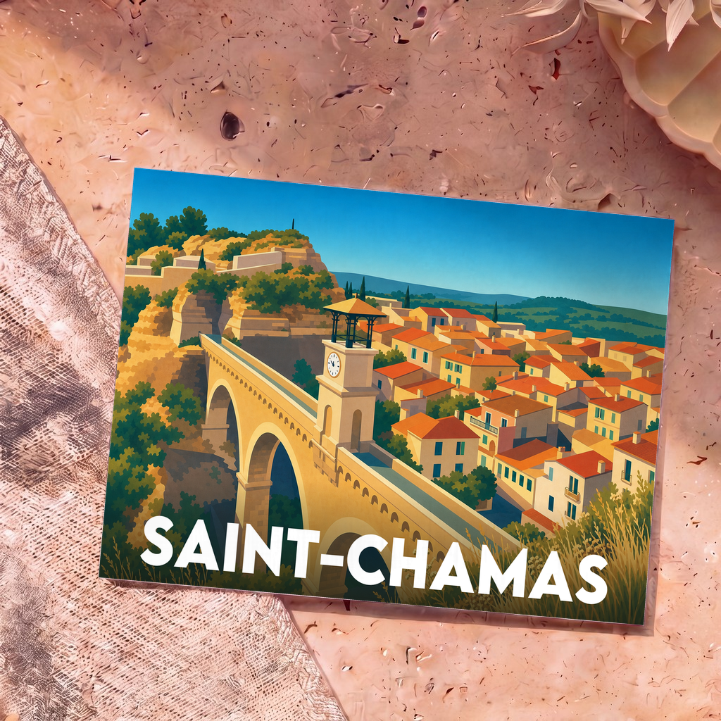 Carte postale souvenir de la ville de Saint-Chamas avec une illustration stylisée de son célèbre pont de l'Horloge.