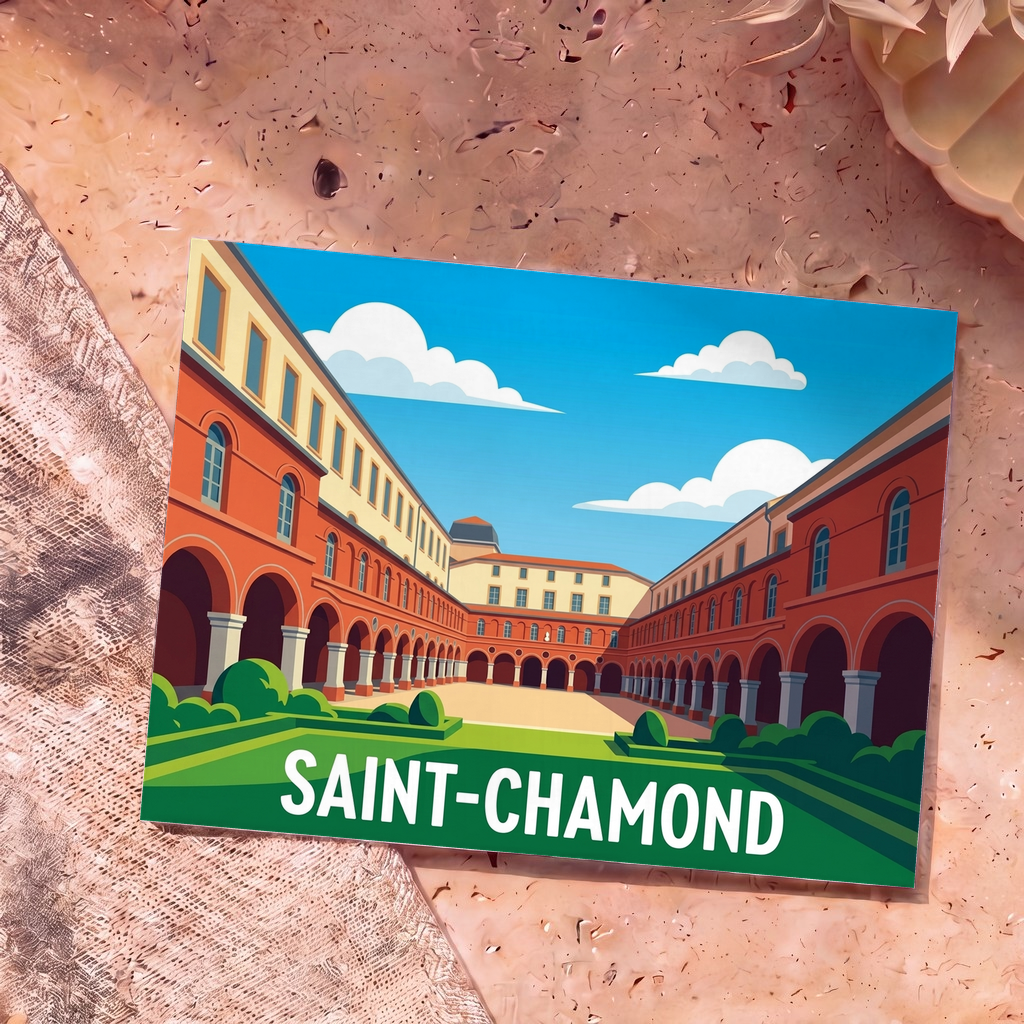 Carte postale souvenir de la ville de Saint-Chamond avec une illustration stylisée d'une cour intérieure historique à arcades.