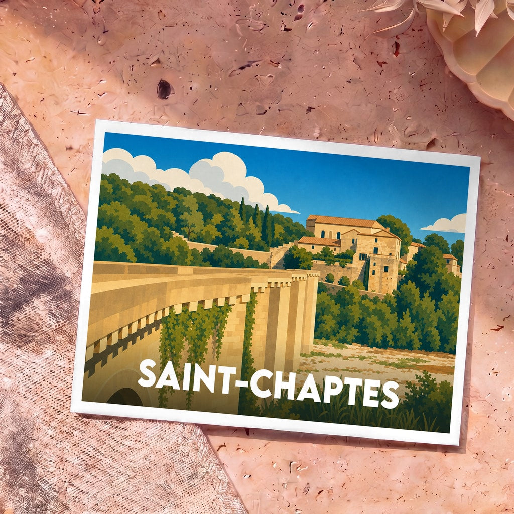 Carte postale souvenir de la ville de Saint-Chaptes présentant une illustration stylisée de son pont et de son village.