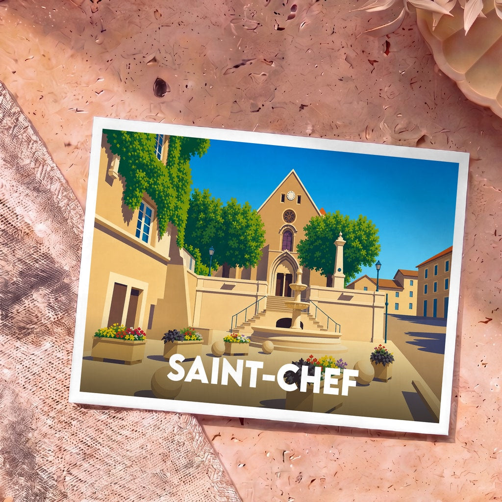 Carte postale souvenir de la ville de Saint-Chef avec une illustration stylisée d'une place ensoleillée et de son église.
