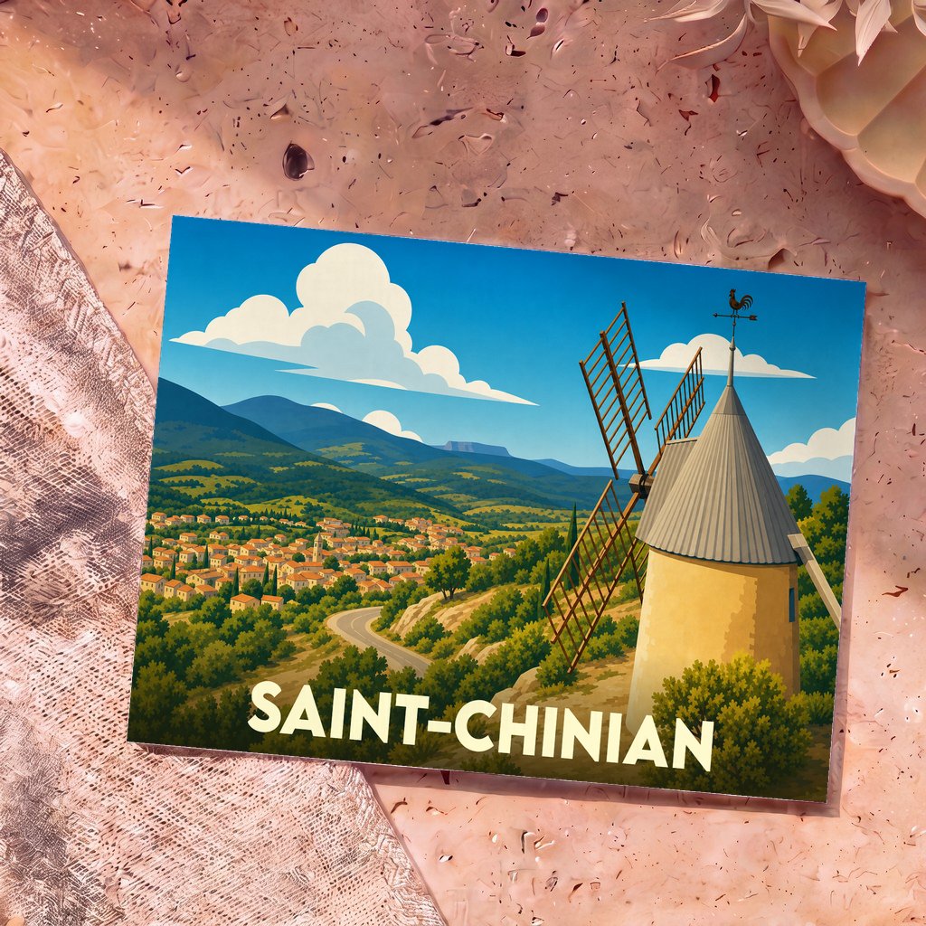 Carte postale souvenir de la ville de Saint-Chinian illustrant un moulin surplombant le village et les collines environnantes.