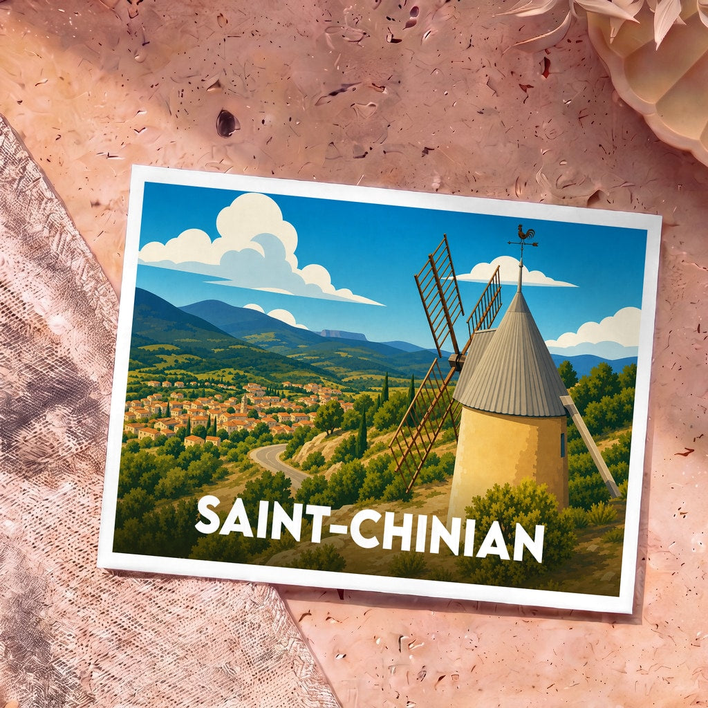 Carte postale souvenir de la ville de Saint-Chinian illustrant un moulin surplombant le village et les collines environnantes.