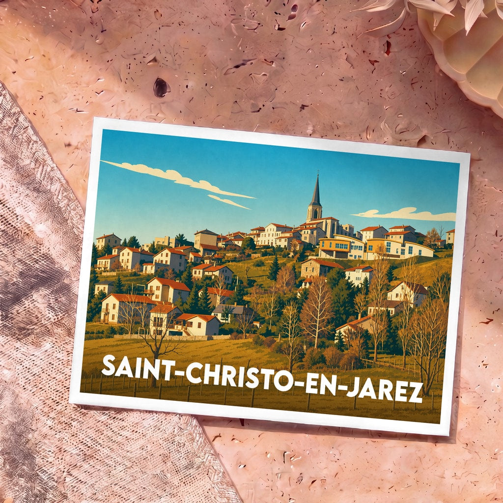 Carte postale souvenir de la ville de Saint-Christo-en-Jarez avec une illustration stylisée du village et de son église.