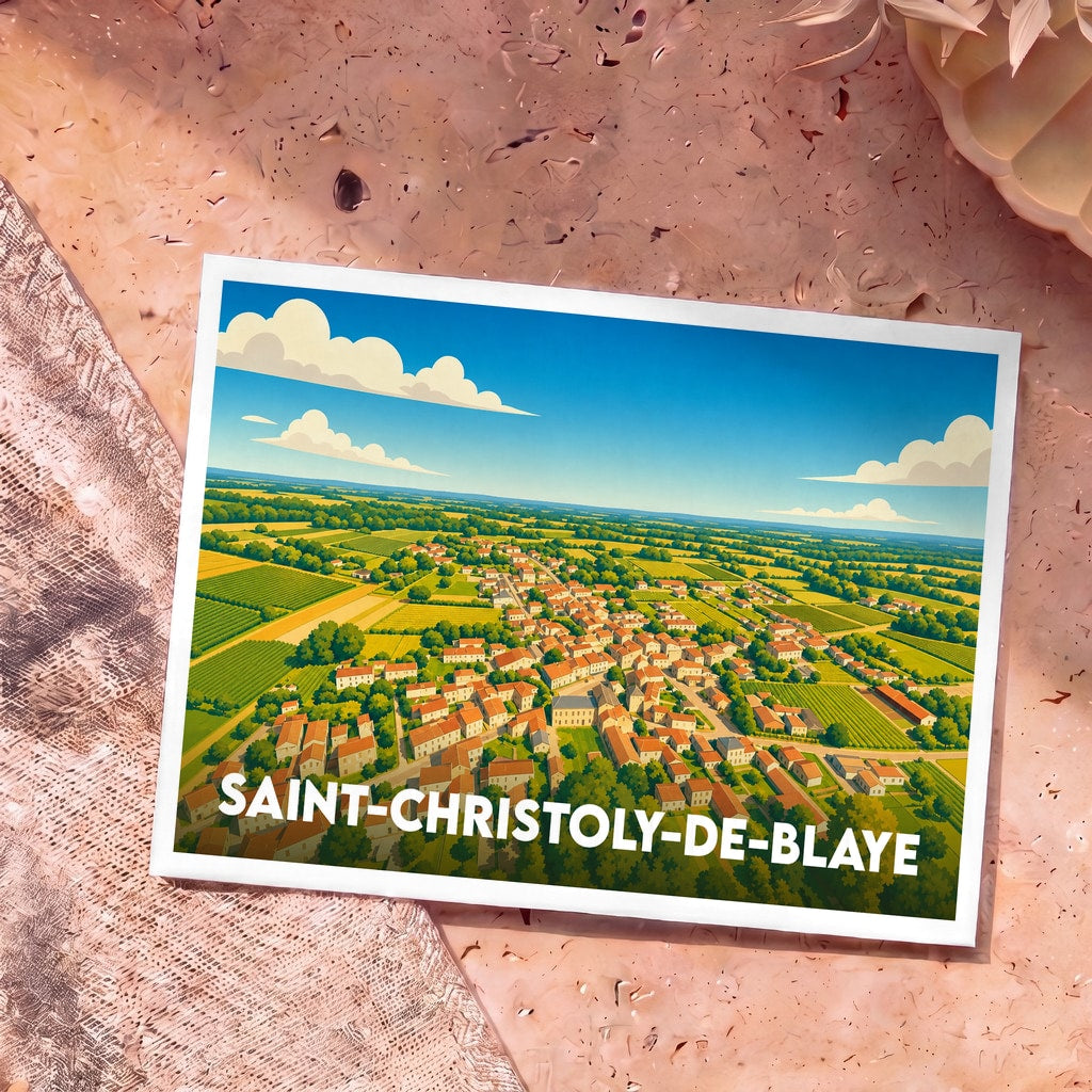 Carte postale souvenir de la ville de Saint-Christoly-de-Blaye avec une illustration vue du ciel stylisée.
