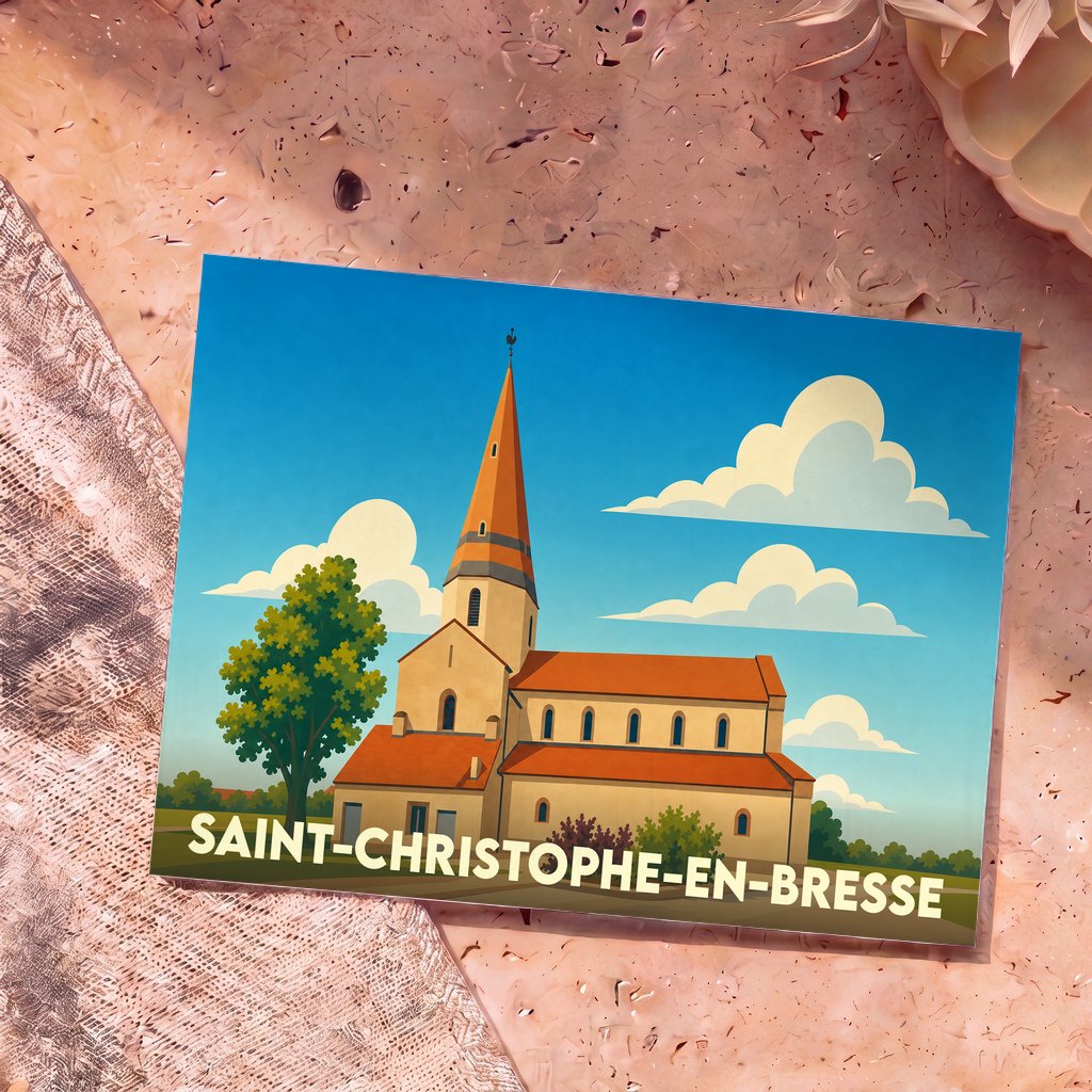 Carte postale souvenir de Saint-Christophe-en-Bresse avec une illustration stylisée de son église sous un ciel bleu nuageux.