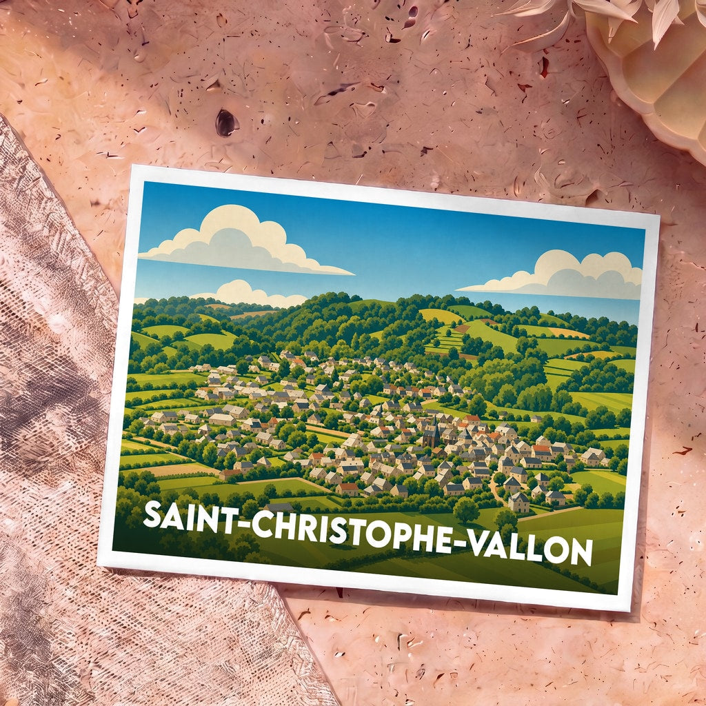 Carte postale souvenir de la ville de Saint-Christophe-Vallon avec une illustration stylisée d'un village niché dans une vallée verdoyante.