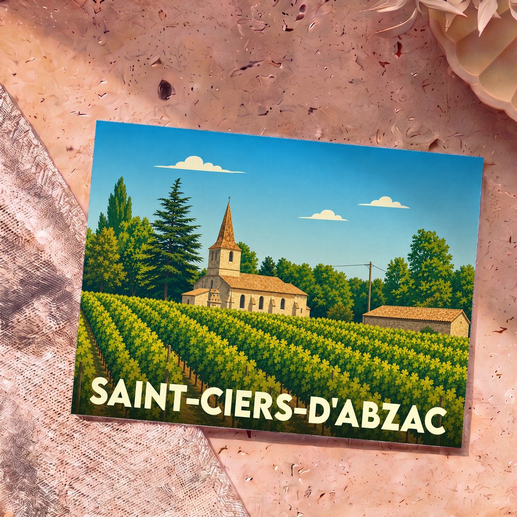Carte postale souvenir de la ville de Saint-Ciers-d'Abzac avec une illustration stylisée d'un vignoble et de son église.