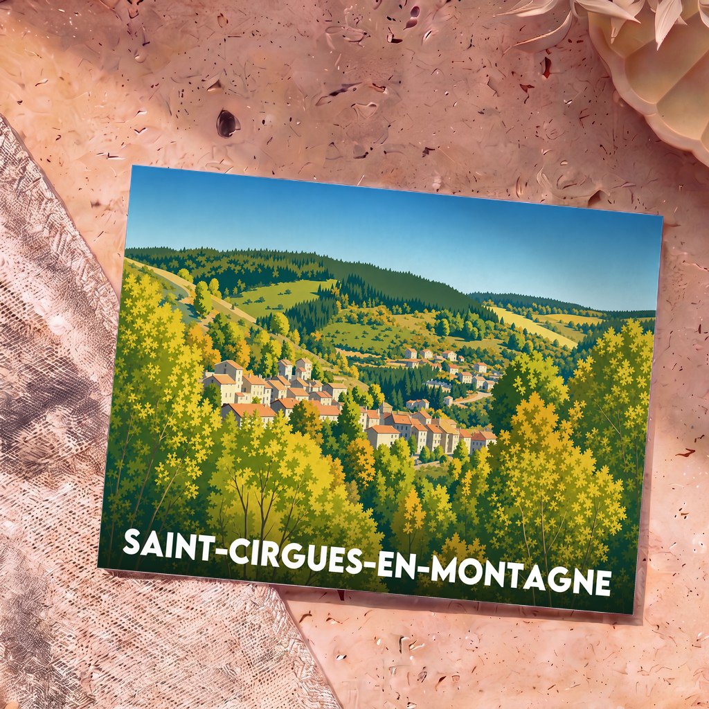 Carte postale souvenir de la ville de Saint-Cirgues-en-Montagne avec une illustration stylisée d'un village niché dans une vallée boisée.