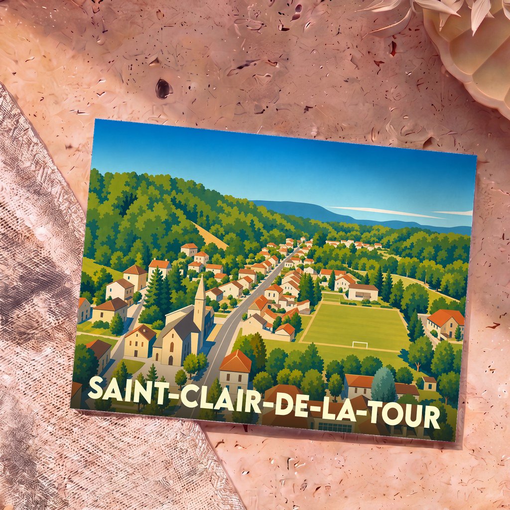 Carte postale souvenir de la ville de Saint-Clair-de-la-Tour avec une illustration panoramique et stylisée.