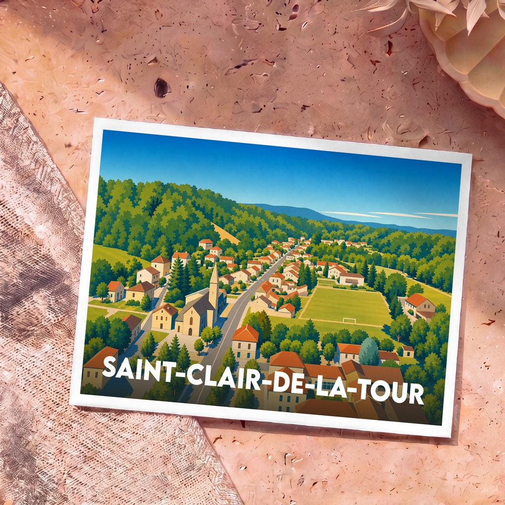Carte postale souvenir de la ville de Saint-Clair-de-la-Tour avec une illustration stylisée vue du ciel.