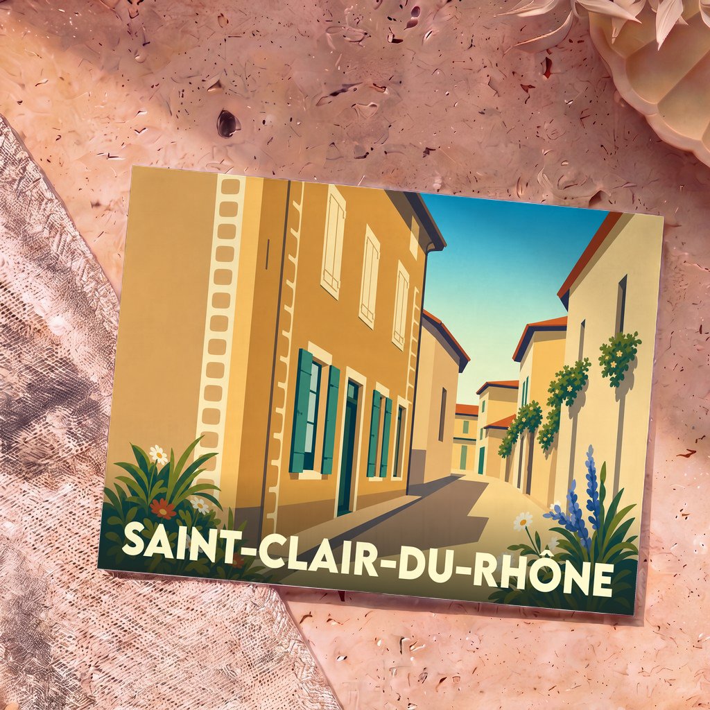 Carte postale souvenir de la ville de Saint-Clair-du-Rhône avec une illustration stylisée d'une rue ensoleillée.