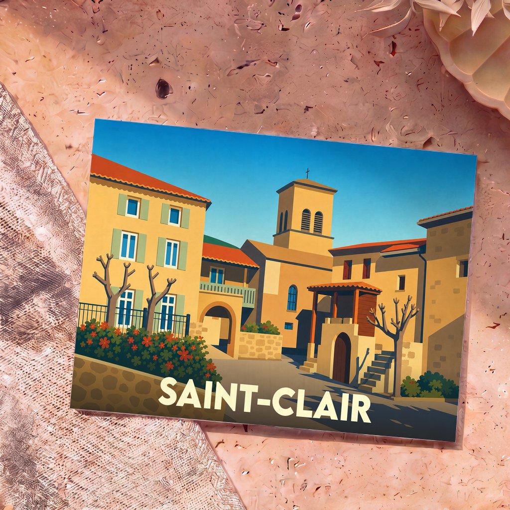 Carte postale souvenir de la ville de Saint-Clair avec une illustration stylisée de ses bâtiments provençaux sous un ciel bleu.