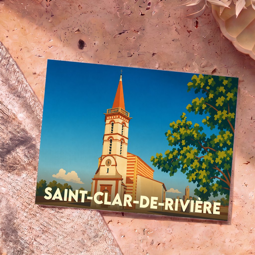 Carte postale souvenir de la ville de Saint-Clar-de-Rivière avec une illustration stylisée de son église.