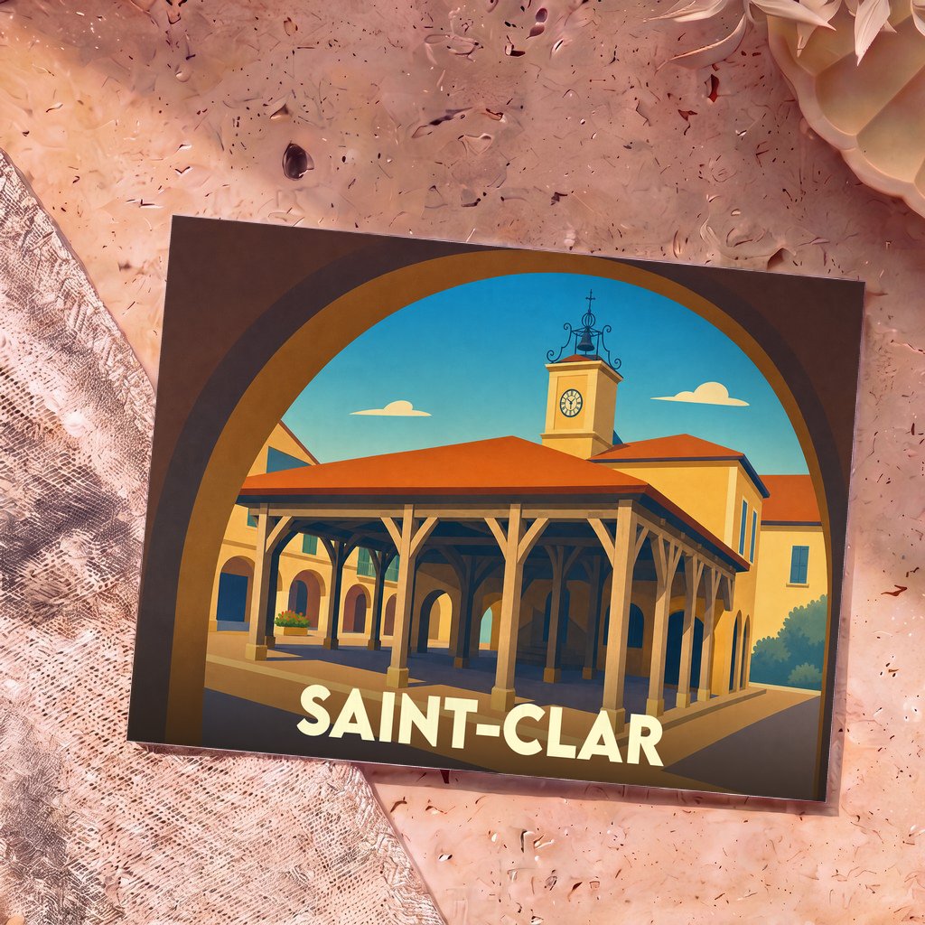 Carte postale souvenir de la ville de Saint-Clar avec une illustration stylisée de sa halle médiévale.