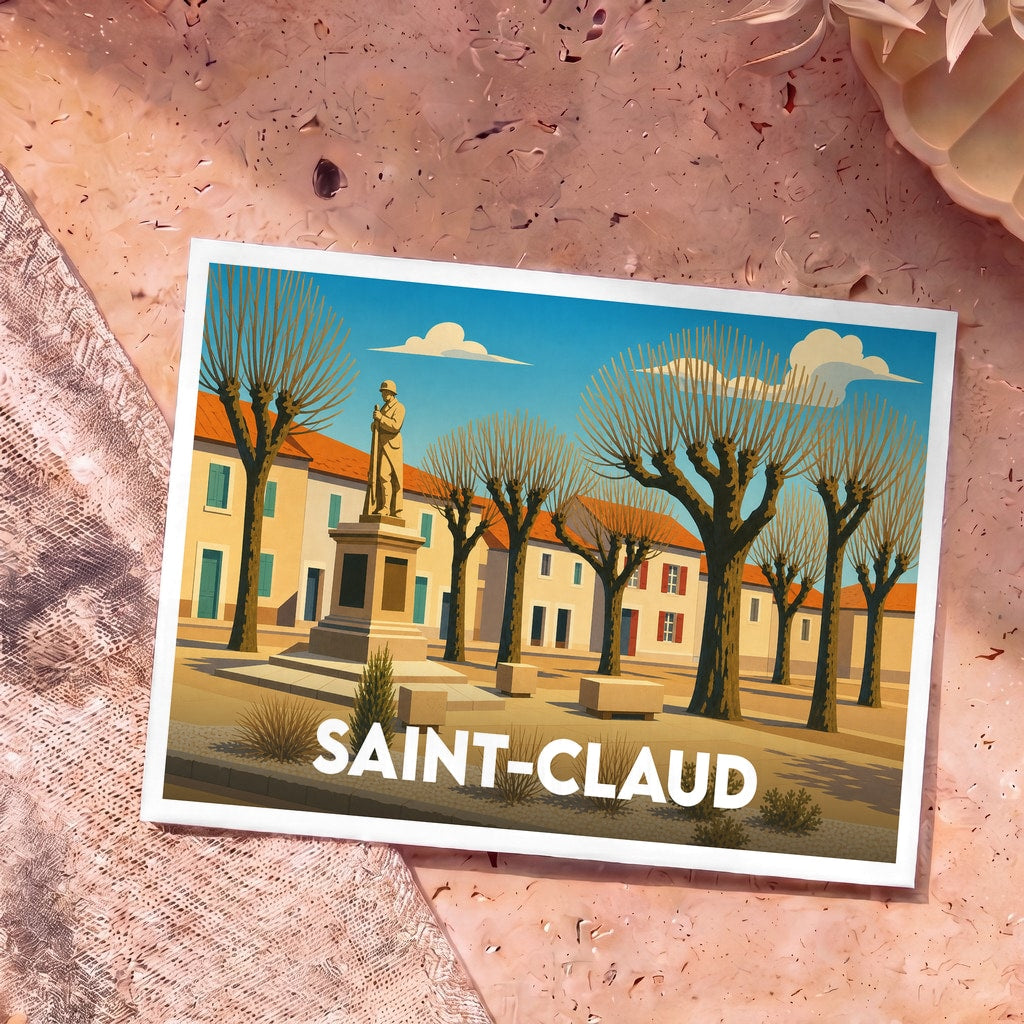 Carte postale souvenir de la ville de Saint-Claud avec une illustration stylisée de sa place principale.