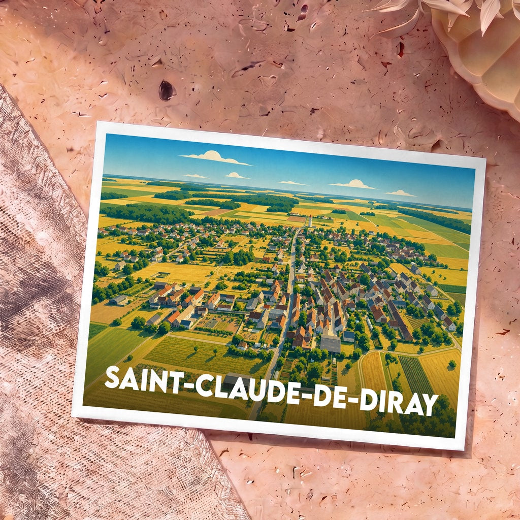 Carte postale souvenir de la ville de Saint-Claude-de-Diray avec une vue aérienne illustrée du village et de ses champs.