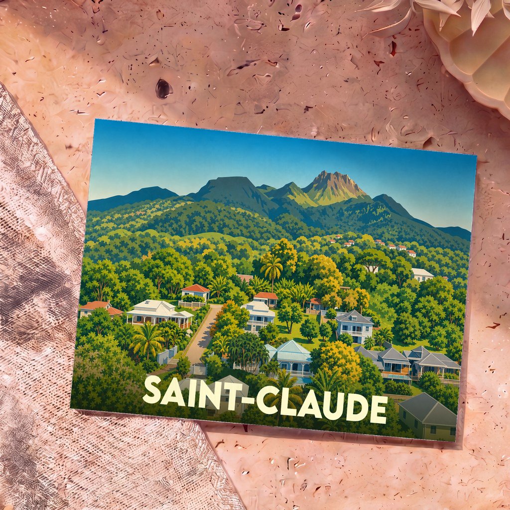 Carte postale souvenir de la ville de Saint-Claude avec une illustration stylisée montrant des habitations tropicales au pied d'une montagne verdoyante.
