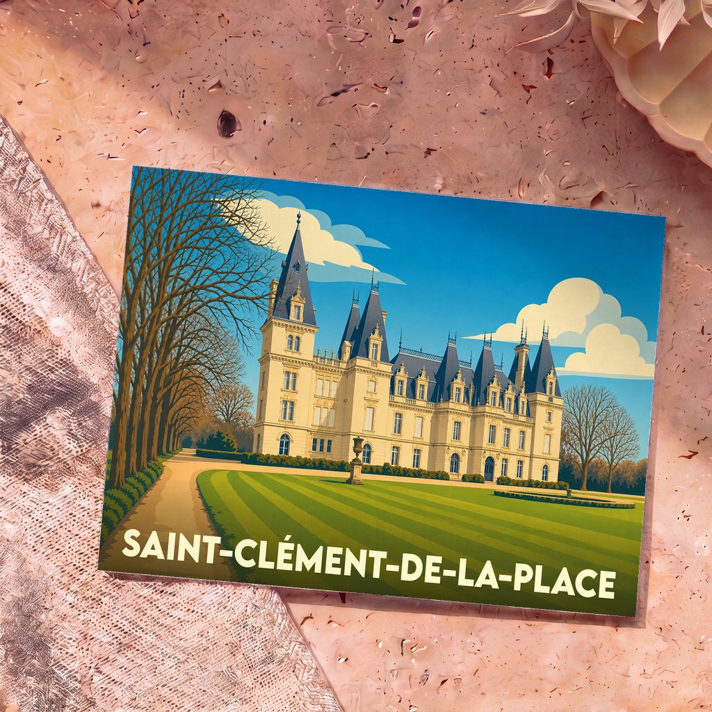 Carte postale souvenir de la ville de Saint-Clément-de-la-Place avec une illustration stylisée de son château.