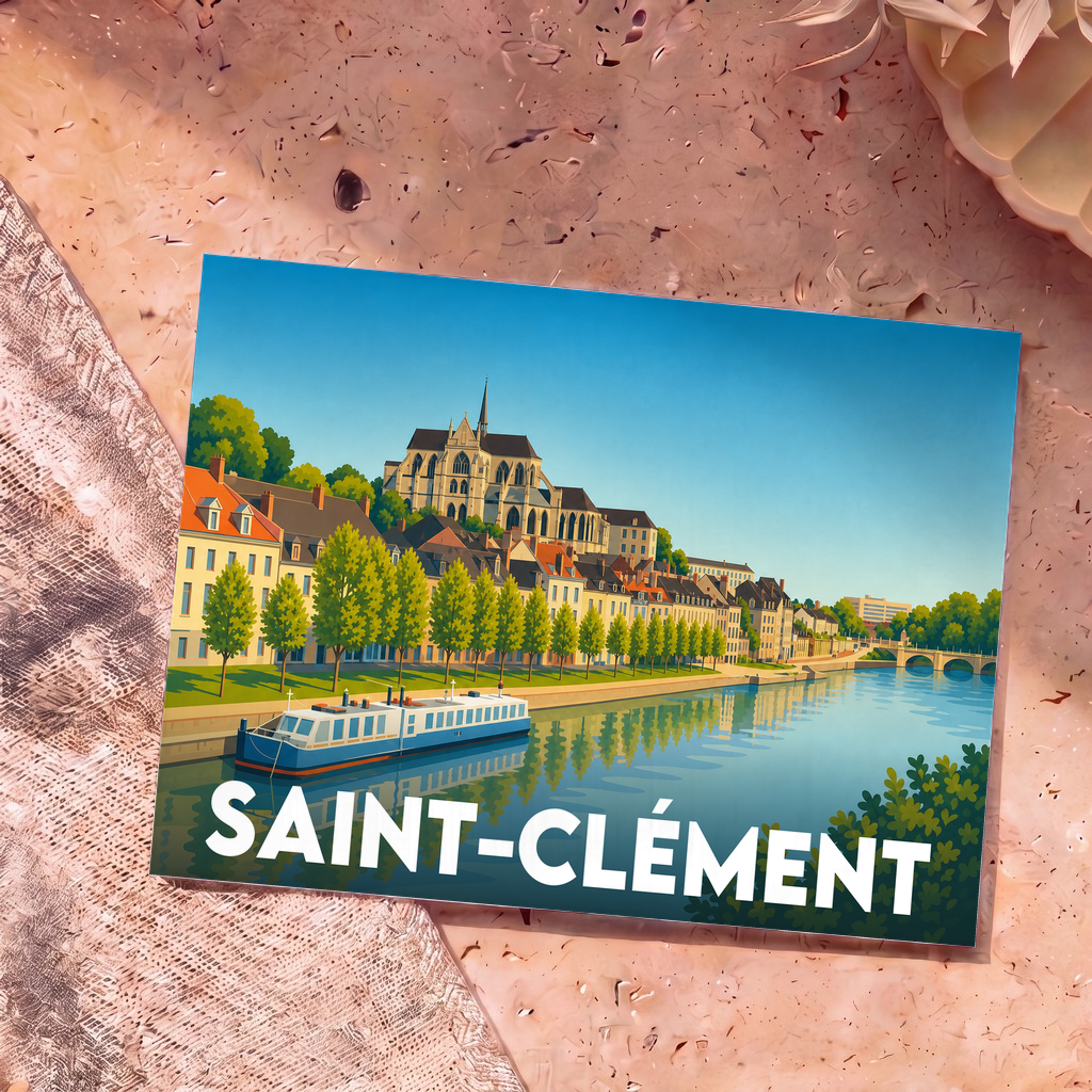 Carte postale souvenir de la ville de Saint-Clément avec une illustration stylisée des bords de rivière.
