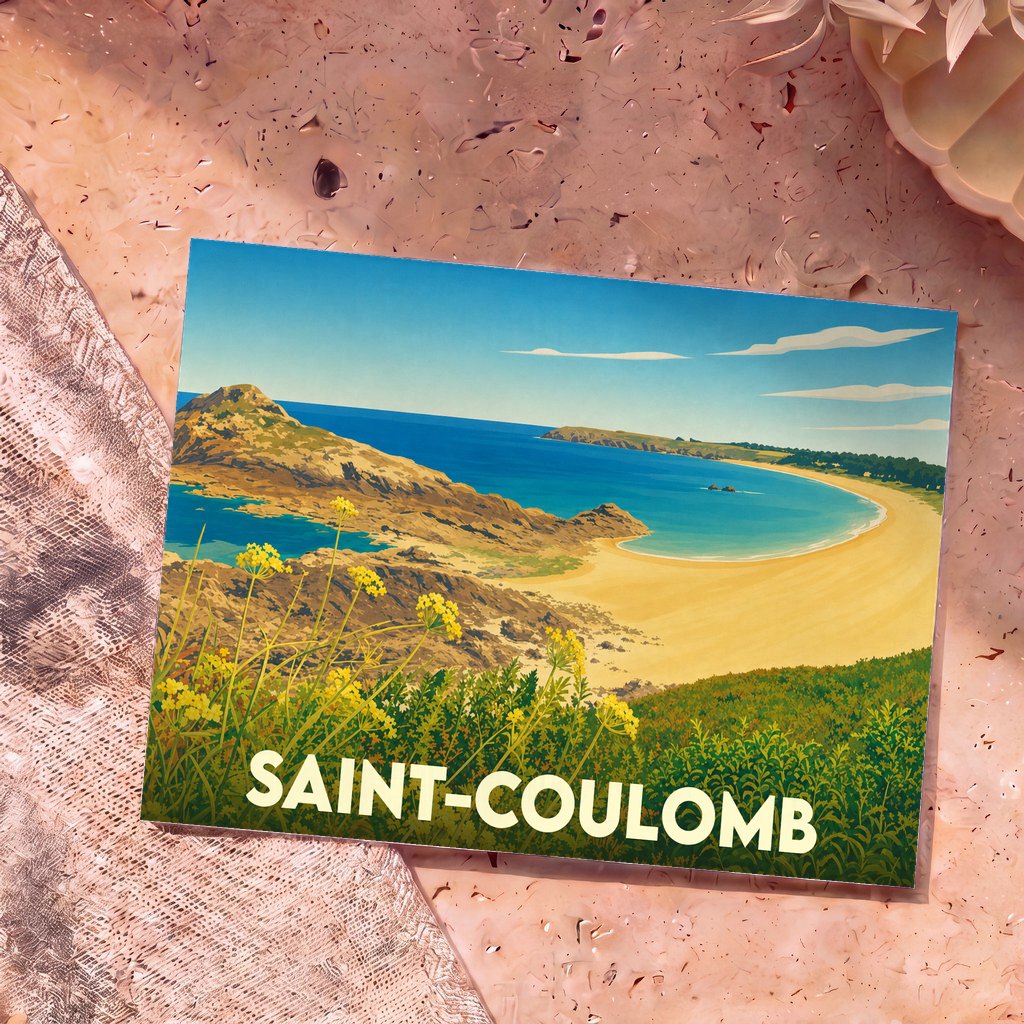 Carte postale souvenir de la ville de Saint-Coulomb avec une illustration stylisée de sa côte sauvage et d'une plage de sable fin.