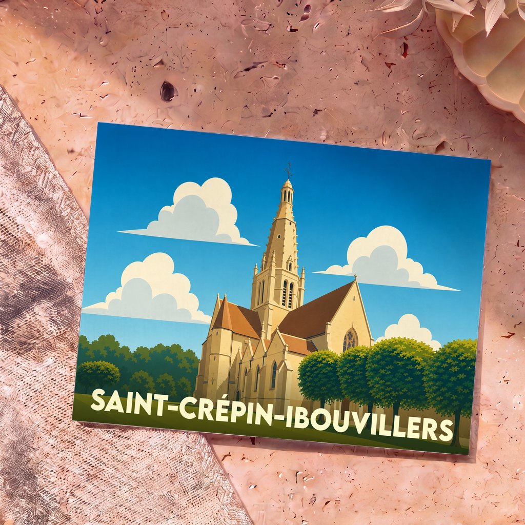 Carte postale souvenir de la ville de Saint-Crépin-Ibouvillers avec une illustration stylisée de son église sous un ciel bleu.