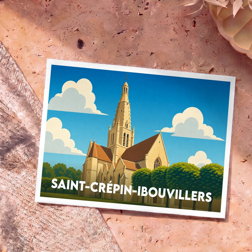 Carte postale souvenir de la ville de Saint-Crépin-Ibouvillers avec une illustration stylisée de son église sous un ciel bleu.