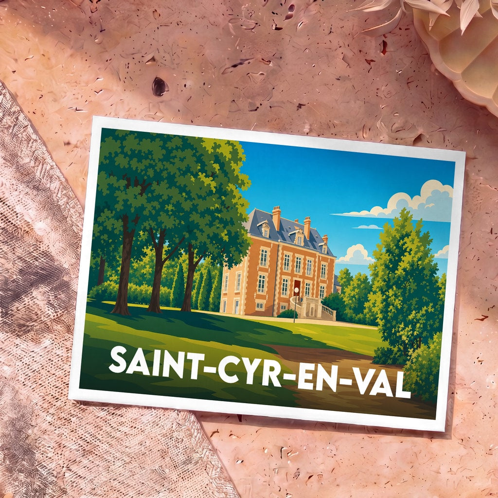 Carte postale souvenir de la ville de Saint-Cyr-en-Val avec une illustration stylisée d'un château.