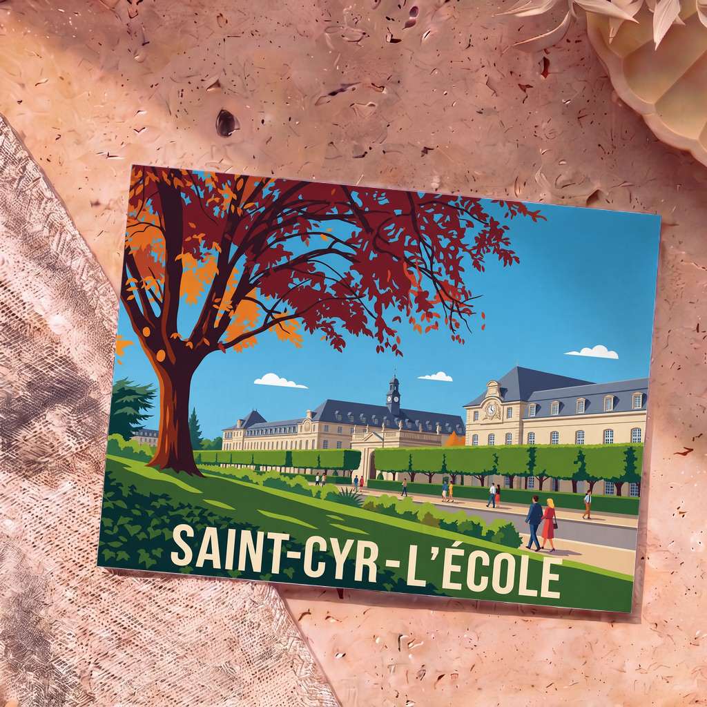 Carte postale souvenir de Saint-Cyr-l’École illustrant l'entrée du lycée militaire dans un style graphique rétro.
