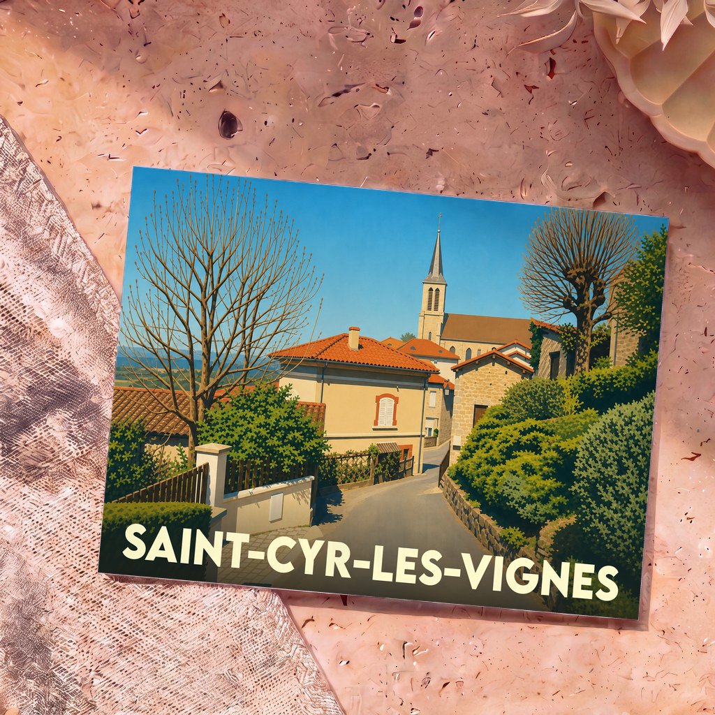 Carte postale souvenir de la ville de Saint-Cyr-les-Vignes avec une illustration stylisée de ses ruelles et de son église.