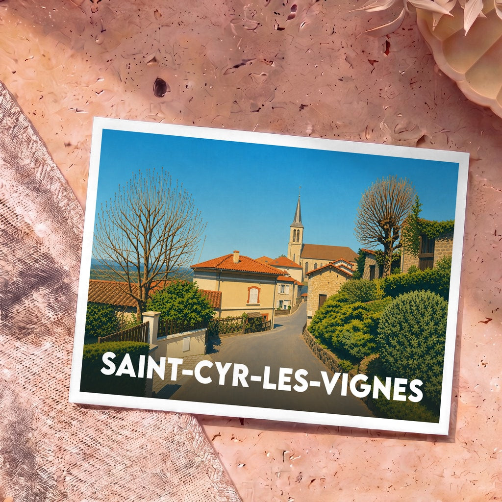 Carte postale souvenir de la ville de Saint-Cyr-les-Vignes avec une illustration stylisée de ses ruelles et de son église.