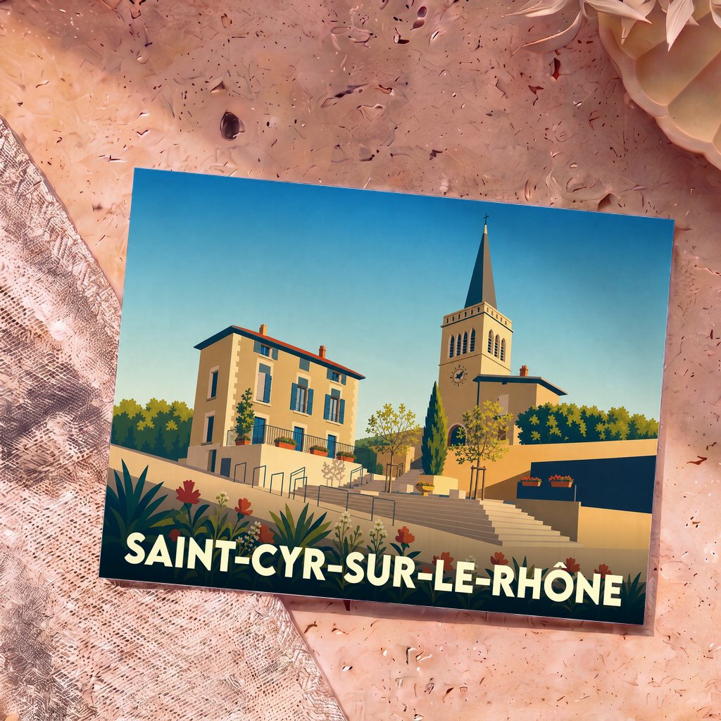 Carte postale souvenir de la ville de Saint-Cyr-sur-le-Rhône avec une illustration stylisée de son église et de ses bâtiments.