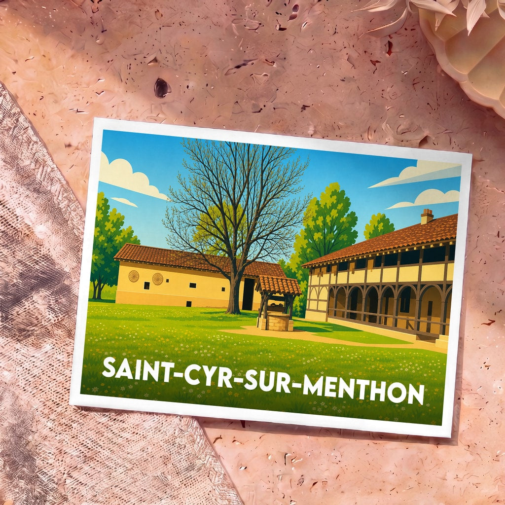 Carte postale souvenir de la ville de Saint-Cyr-sur-Menthon illustrant une ferme bressane traditionnelle dans un style graphique épuré.