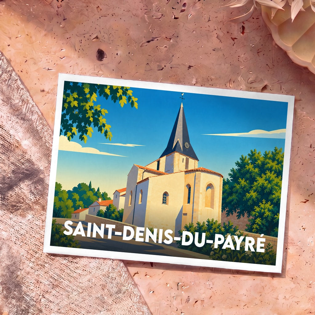 Carte postale souvenir de la ville de Saint-Denis-du-Payré avec une illustration stylisée de son église sous un ciel bleu.