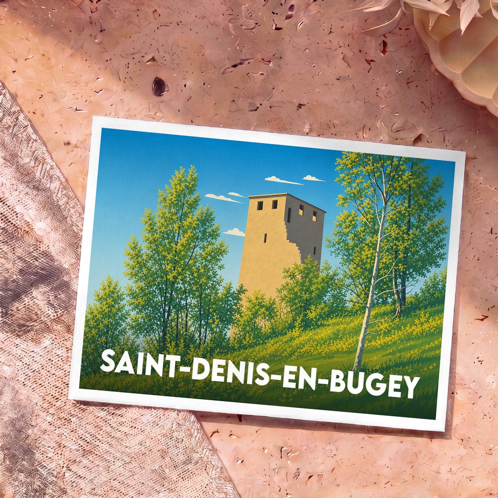 Carte postale souvenir de la ville de Saint-Denis-en-Bugey avec une illustration stylisée de sa tour médiévale.