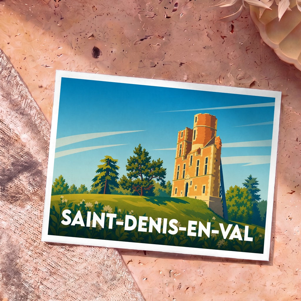 Carte postale souvenir de Saint-Denis-en-Val avec une illustration stylisée du château de l'Isle.