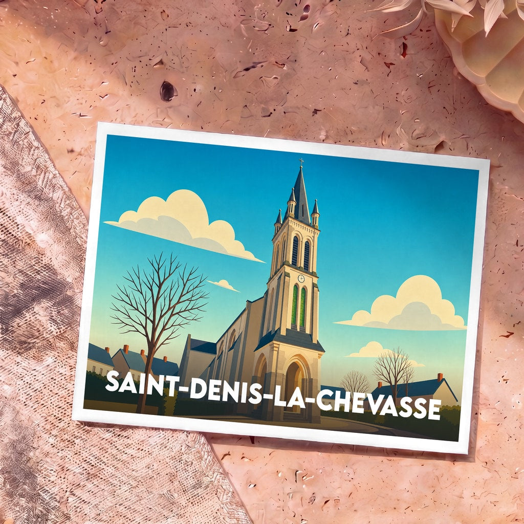 Carte postale souvenir de la ville de Saint-Denis-la-Chevasse avec une illustration stylisée de son église.
