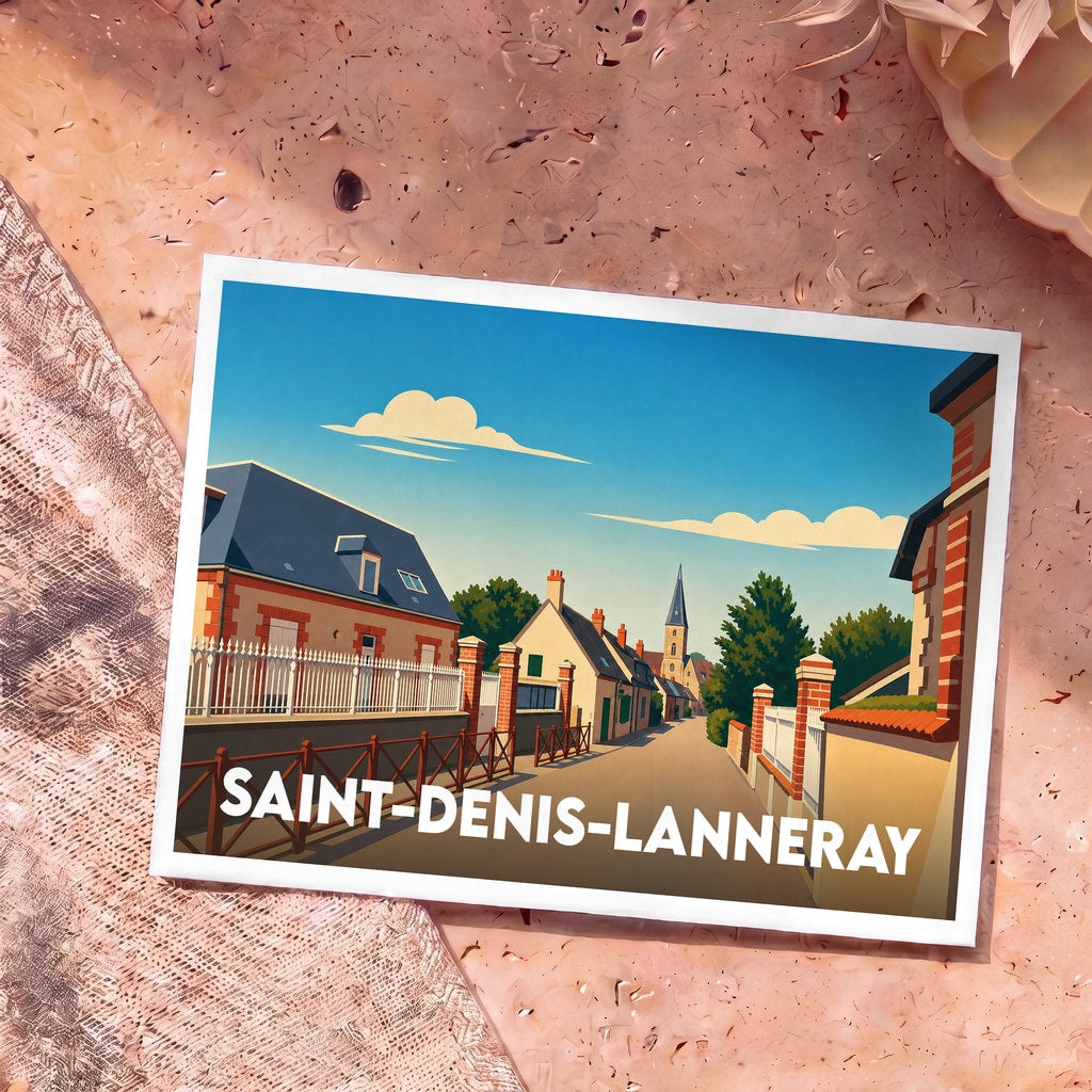 Carte postale souvenir de la commune de Saint-Denis-Lanneray arborant une illustration stylisée de ses rues et de son clocher.