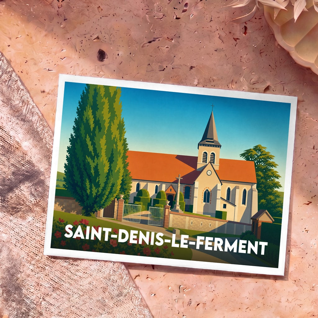 Carte postale souvenir de la ville de Saint-Denis-le-Ferment illustrant son église dans un style graphique épuré.