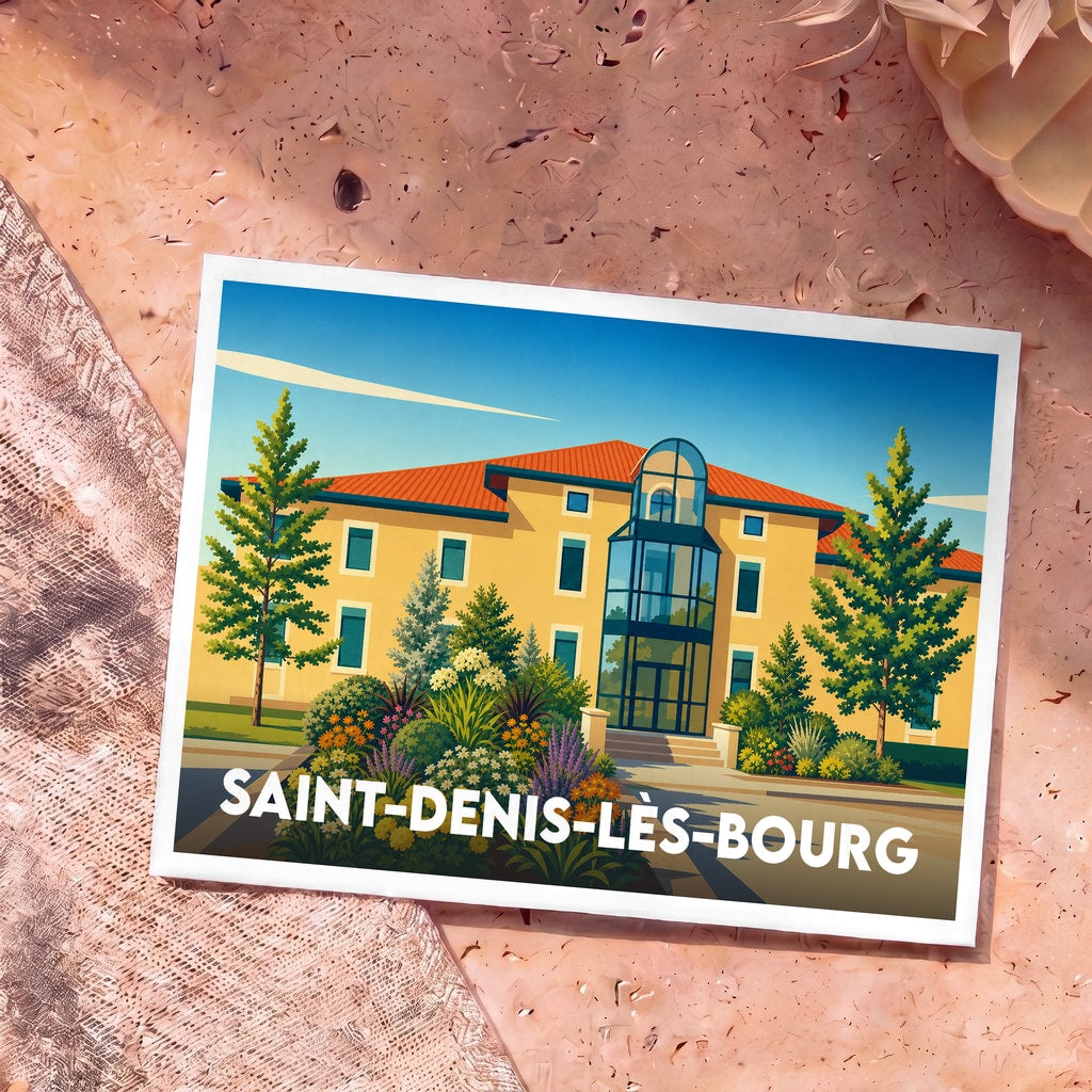 Carte postale souvenir de la ville de Saint-Denis-lès-Bourg avec une illustration stylisée de sa mairie fleurie.