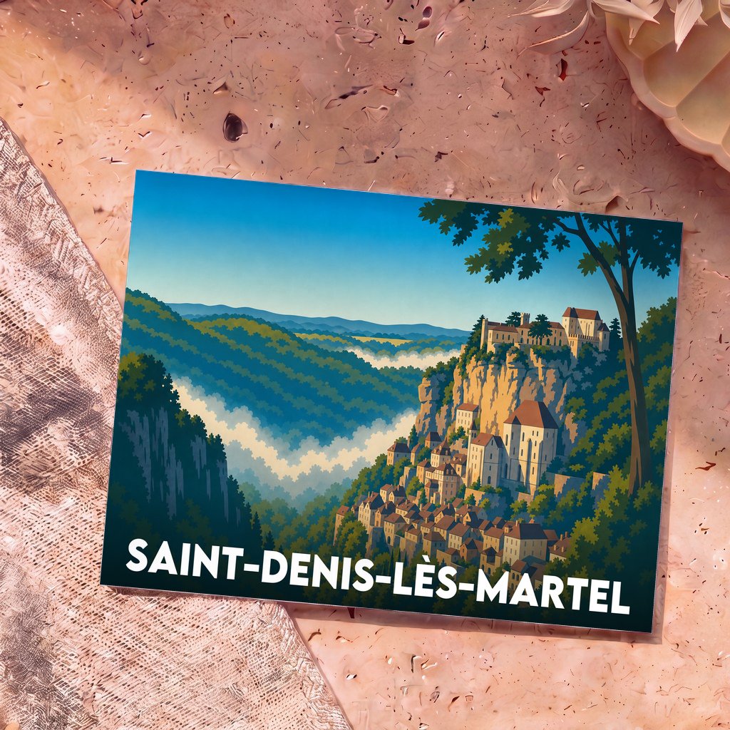 Carte postale souvenir de Saint-Denis-lès-Martel illustrant un village médiéval perché sur une falaise dominant une vallée brumeuse.