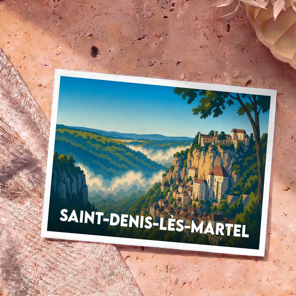Carte postale souvenir de Saint-Denis-lès-Martel illustrant un village médiéval perché sur une falaise dominant une vallée brumeuse.