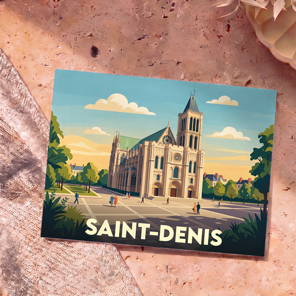 Carte postale souvenir de la ville de Saint-Denis avec une illustration stylisée de sa basilique.