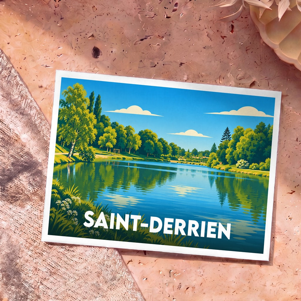 Carte postale souvenir de la ville de Saint-Derrien avec une illustration stylisée de son lac bordé d'arbres.