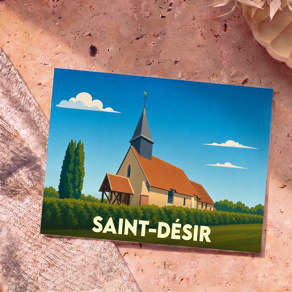 Carte postale souvenir de la ville de Saint-Désir illustrant son église avec un style graphique épuré.