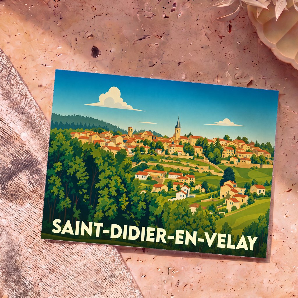 Carte postale souvenir de la ville de Saint-Didier-en-Velay avec une illustration paysagère stylisée.