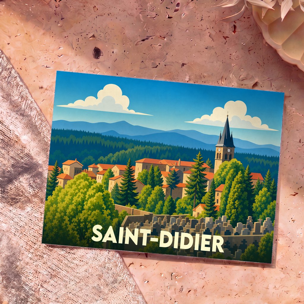 Carte postale souvenir de la ville de Saint-Didier illustrée d'un paysage de village perché et boisé dans un style graphique épuré.