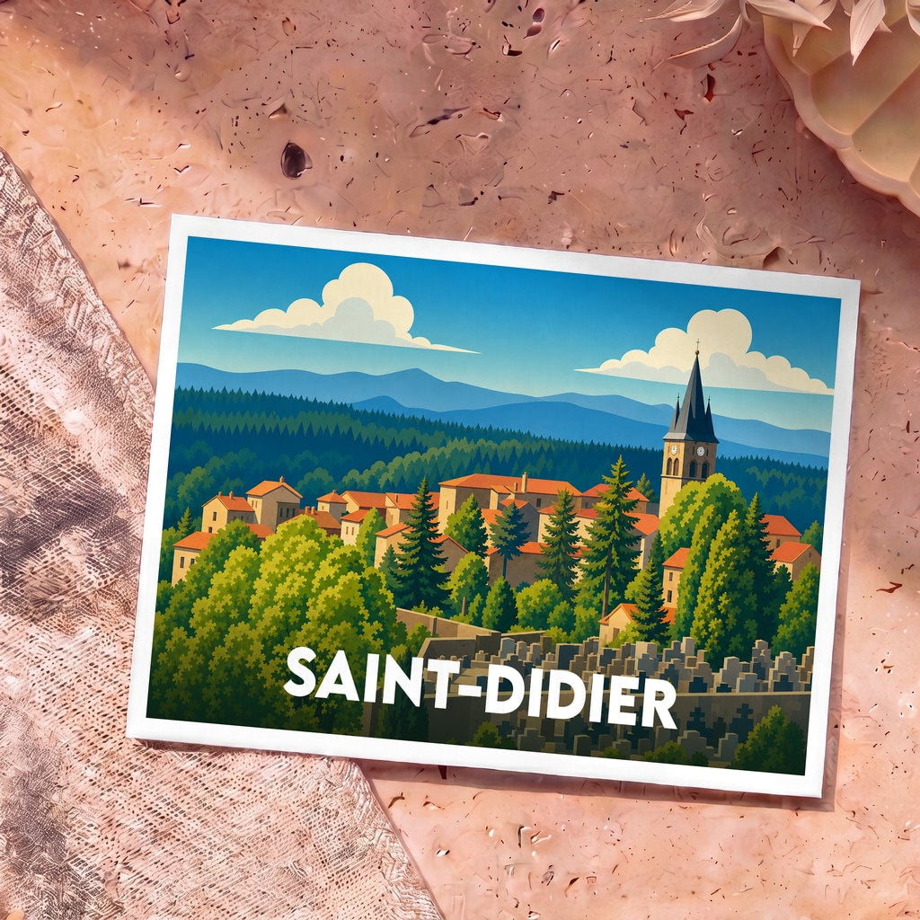 Carte postale souvenir de la ville de Saint-Didier illustrée d'un paysage de village perché et boisé dans un style graphique épuré.