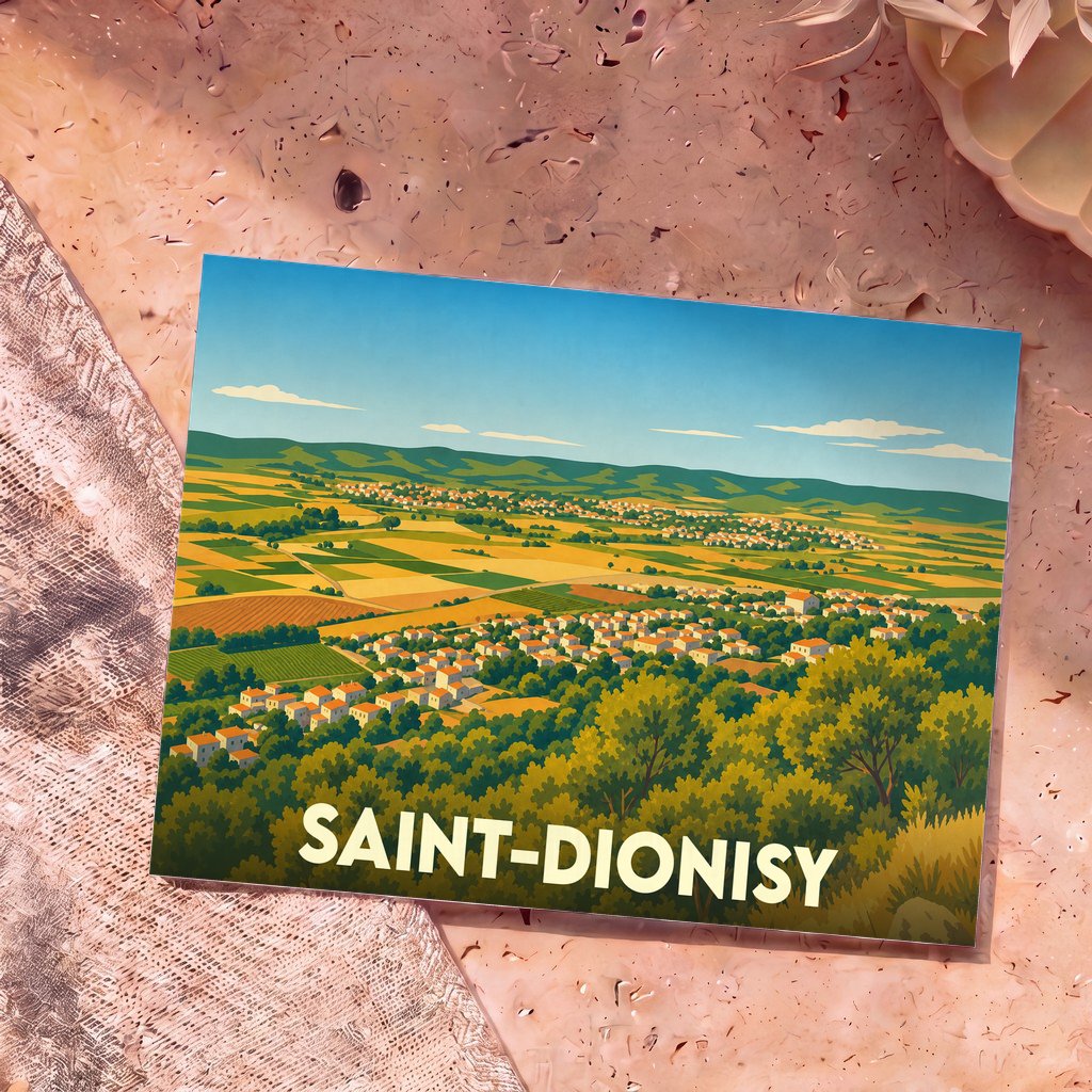 Carte postale souvenir de la ville de Saint-Dionisy avec une illustration stylisée de son paysage rural.